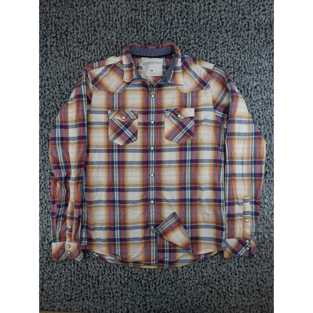 Aeropostale Western Shirt Mens Medium Orange Plaid Pearl Snap Cotton X224